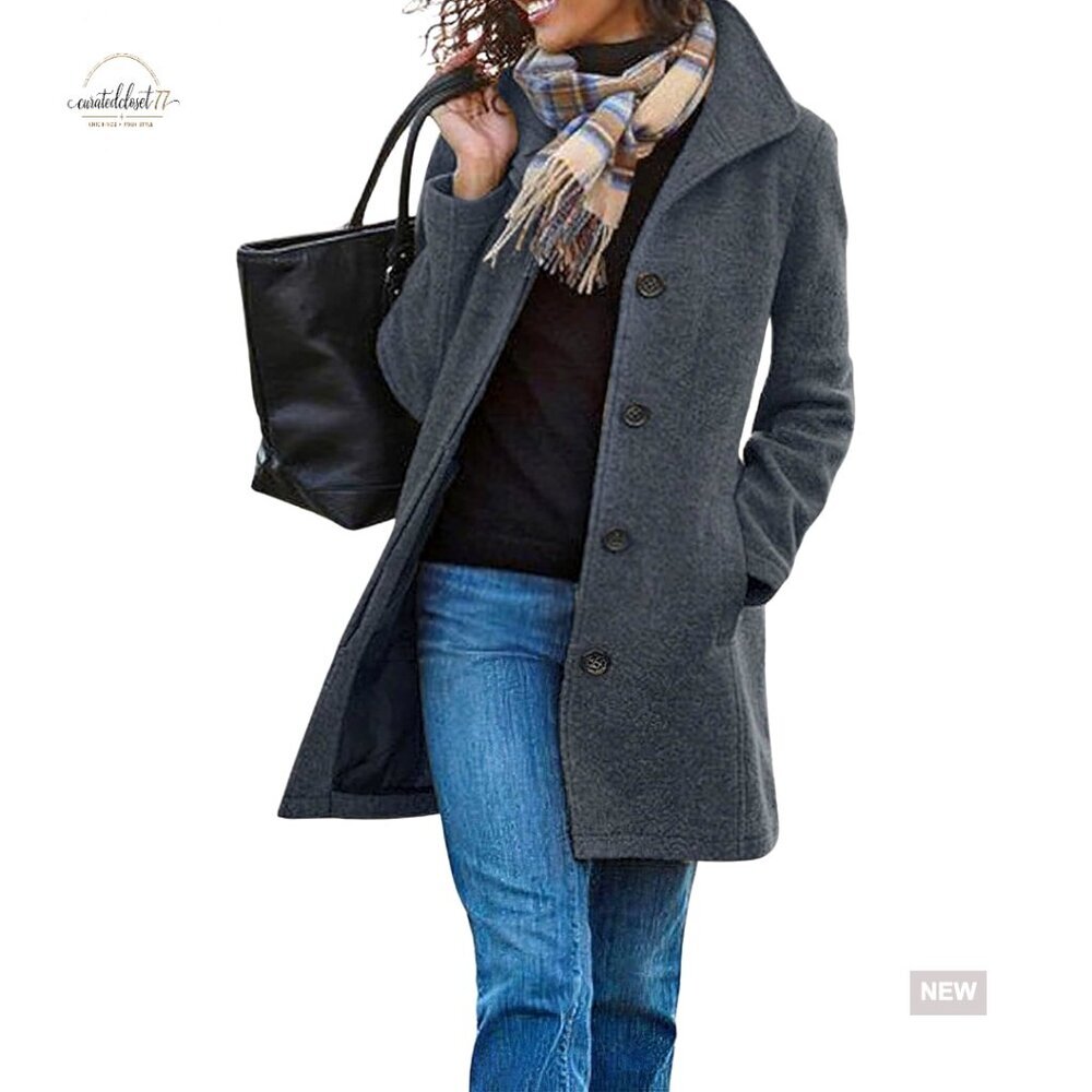 Classic Wool Blend Pea Coat Stand Collar Single Breasted Winter Overcoat Jacket